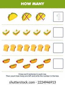 Education game for children count how many cartoon taco sandwich toast hotdog and write the number in the box printable food worksheet