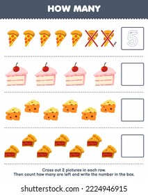 Education game for children count how many cartoon pizza cake cheese pie and write the number in the box printable food worksheet