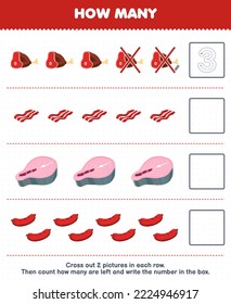 Education game for children count how many cartoon beef bacon salmon meat sausage and write the number in the box printable food worksheet