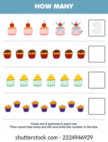 Education game for children count how many cartoon cupcake muffin and write the number in the box printable food worksheet