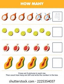 Education game for children count how many cartoon dragon fruit kiwi pomegranate papaya and write the number in the box printable fruit worksheet