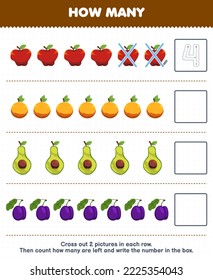Juego de educación para niños cuenta cuántas caricaturas de manzana naranja aguacate plum y escribe el número en la hoja de cálculo de fruta grabable de la caja