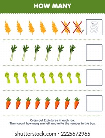 Juego de educación para niños cuenta cuántas caricaturas de trigo leen zanahoria de espárragos y escribe el número en la hoja de cálculo de la caja de verduras imprimibles