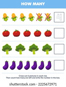 Juego de educación para niños cuenta cuántas caricaturas de berenjenas de tomate de maíz brócoli y escribe el número en la hoja de trabajo de la caja de verduras imprimibles
