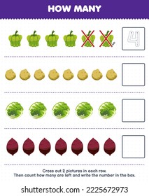 Education game for children count how many cartoon paprika potato cabbage yam and write the number in the box printable vegetable worksheet