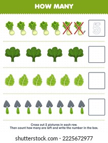 Juego de educación para niños cuenta cuántas caricaturas lechuga espinaca pala de kale y escribe el número en la hoja de cálculo de la caja legible vegetal
