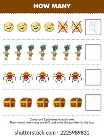 Education game for children count how many cute cartoon moon mummy spider chest and write the number in the box printable halloween worksheet