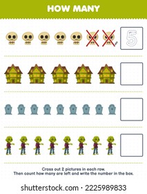 Education game for children count how many cute cartoon skull spooky house tombstone zombie and write the number in the box printable halloween worksheet
