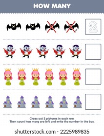 Education game for children count how many cute cartoon bat dracula queen castle and write the number in the box printable halloween worksheet