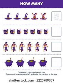 Education game for children count how many cute cartoon witch hat spell book cauldron and write the number in the box printable halloween worksheet