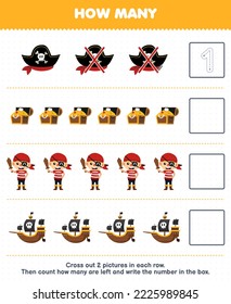 Education game for children count how many cute cartoon hat treasure chest pirate ship and write the number in the box printable halloween worksheet