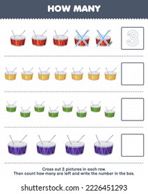 Education game for children count how many cartoon drum and write the number in the box printable music instrument worksheet