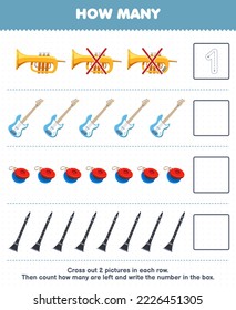 Education game for children count how many cartoon trumpet bass guitar castanet clarinet and write the number in the box printable music instrument worksheet