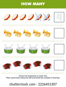 Education game for children count how many cartoon tambourine tuba drum accordion and write the number in the box printable music instrument worksheet