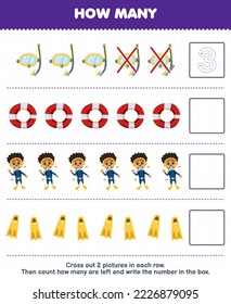 Education game for children count how many cute cartoon diver lifebuoy and write the number in the box printable profession worksheet