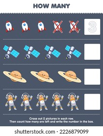 Erziehungsspiel für Kinder zählen, wie viele süße Cartoon-Raketensatelliten-Astronauten und schreiben die Nummer in der Box-Druckaufdruck-Arbeitsblatt