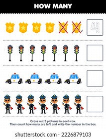 Erziehungsspiel für Kinder zählen, wie viele süße Cartoon-Button-Stehlampen Polizei-Auto und schreiben Sie die Nummer in der Box druckbare Beruf-Arbeitsblatt
