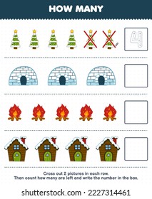 Education game for children count how many cute cartoon christmas tree igloo bonfire house and write the number in the box printable winter worksheet