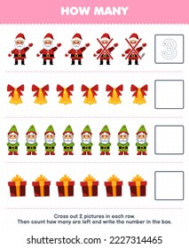 Education game for children count how many cute cartoon santa bell gnome gift box and write the number in the box printable winter worksheet
