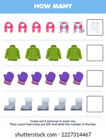 Education game for children count how many cute cartoon scarf coat mitten boot and write the number in the box printable winter worksheet