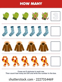 Juego de educación para niños cuenta cuántas caricaturas lindas han dejado bufanda de chaqueta de medias y escriba el número en la hoja de cálculo de invierno imprimible