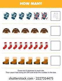 Education game for children count how many cute cartoon mitten sweater sock boot and write the number in the box printable winter worksheet