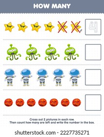Education game for children count how many cute cartoon star alien astronaut planet and write the number in the box printable solar system worksheet