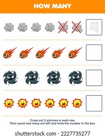 Education game for children count how many cute cartoon planet comet black hole sun and write the number in the box printable solar system worksheet