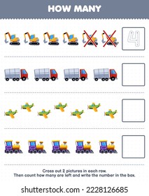 Juego de educación para niños cuenta cuántas tiernas excavadoras de caricaturas lindas tren de locomotora de aviones y escribe el número en la hoja de trabajo de transporte de caja imprimible