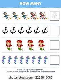 Juego de educación para niños cuenta cuántos caballitos de mar de sirena de dibujos animados lindos y escribe el número en la hoja de trabajo submarina imprimible de la caja
