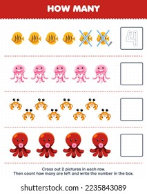 Education game for children count how many cute cartoon fish jellyfish crab octopus and write the number in the box printable underwater worksheet