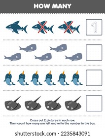 Education game for children count how many cute cartoon shark whale narwhal stingray and write the number in the box printable underwater worksheet