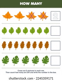 Juego de educación para niños cuenta cuántas hojas de dibujos animados lindas y escribe el número en la hoja de cálculo de la naturaleza imprimible de la caja