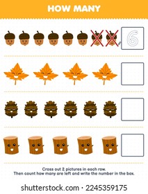 Education game for children count how many cute cartoon acorn maple leaf pinecone wood log and write the number in the box printable nature worksheet