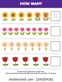 Education game for children count how many cute cartoon flower and write the number in the box printable nature worksheet