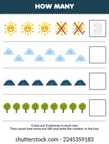 Erziehungsspiel für Kinder zählen wie viele süße Cartoon-Sonnenwolke-Bergbaum und schreiben Sie die Nummer in der Box druckbare Naturblatt