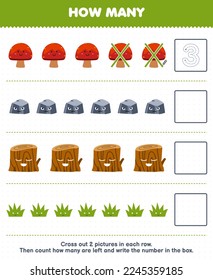 Education game for children count how many cute cartoon mushroom stone wood log grass and write the number in the box printable nature worksheet