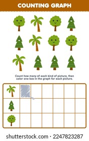 Education game for children count how many cute cartoon tree then color the box in the graph printable nature worksheet