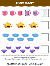 Education game for children count how many cute cartoon mug teapot plate bowl and write the number in the box printable tool worksheet
