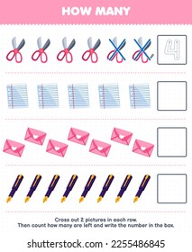 Education game for children count how many cute cartoon scissor paper envelope pen and write the number in the box printable tool worksheet