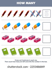 El juego de educación para niños cuenta cuántos libros lindos de lápiz de dibujos animados borradores de agudos y escribe el número en la hoja de trabajo de la herramienta de impresión de cajas