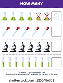 El juego de educación para niños cuenta cuántos bonitos tubos de ensayo de microscopio para bebederos de dibujos animados y escribe el número en la hoja de trabajo de la herramienta imprimible de cajas
