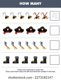 Education game for children count how many cute cartoon hook hat sword boot and write the number in the box printable pirate worksheet