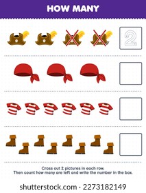 Education game for children count how many cute cartoon hat bandana shirt boot and write the number in the box printable pirate worksheet