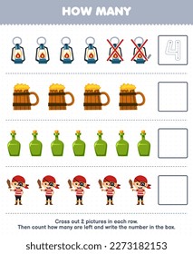 Education game for children count how many cute cartoon lantern mug bottle boy and write the number in the box printable pirate worksheet
