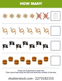 Education game for children count how many cute cartoon wheel rope flag barrel and write the number in the box printable pirate worksheet