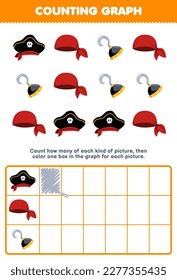 Education game for children count how many cute cartoon hat bandana and hook then color the box in the graph printable pirate worksheet