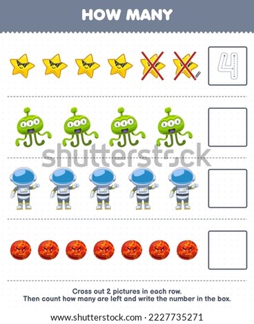 Education game for children count how many cute cartoon star alien astronaut planet and write the number in the box printable solar system worksheet