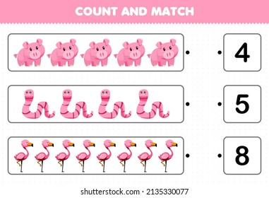 Education game for children count and match count the number of cute cartoon pink animal pig worm flamingo and match with the right numbers printable worksheet
