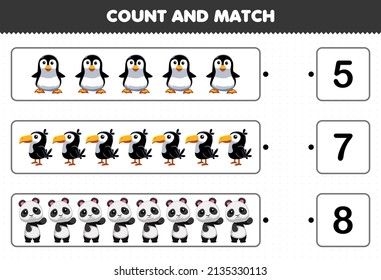 Erziehungsspiel für Kinder zählen und Match zählen die Zahl der süßen Cartoon schwarz-weißer Pinguin Toucan Panda und entspricht der richtigen Zahlen druckTabelle Tabelle